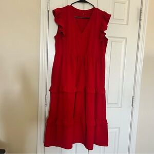 Midi Dresses for Women V Neck Ruffle Sleeve Tiered Sun Smocked Dress